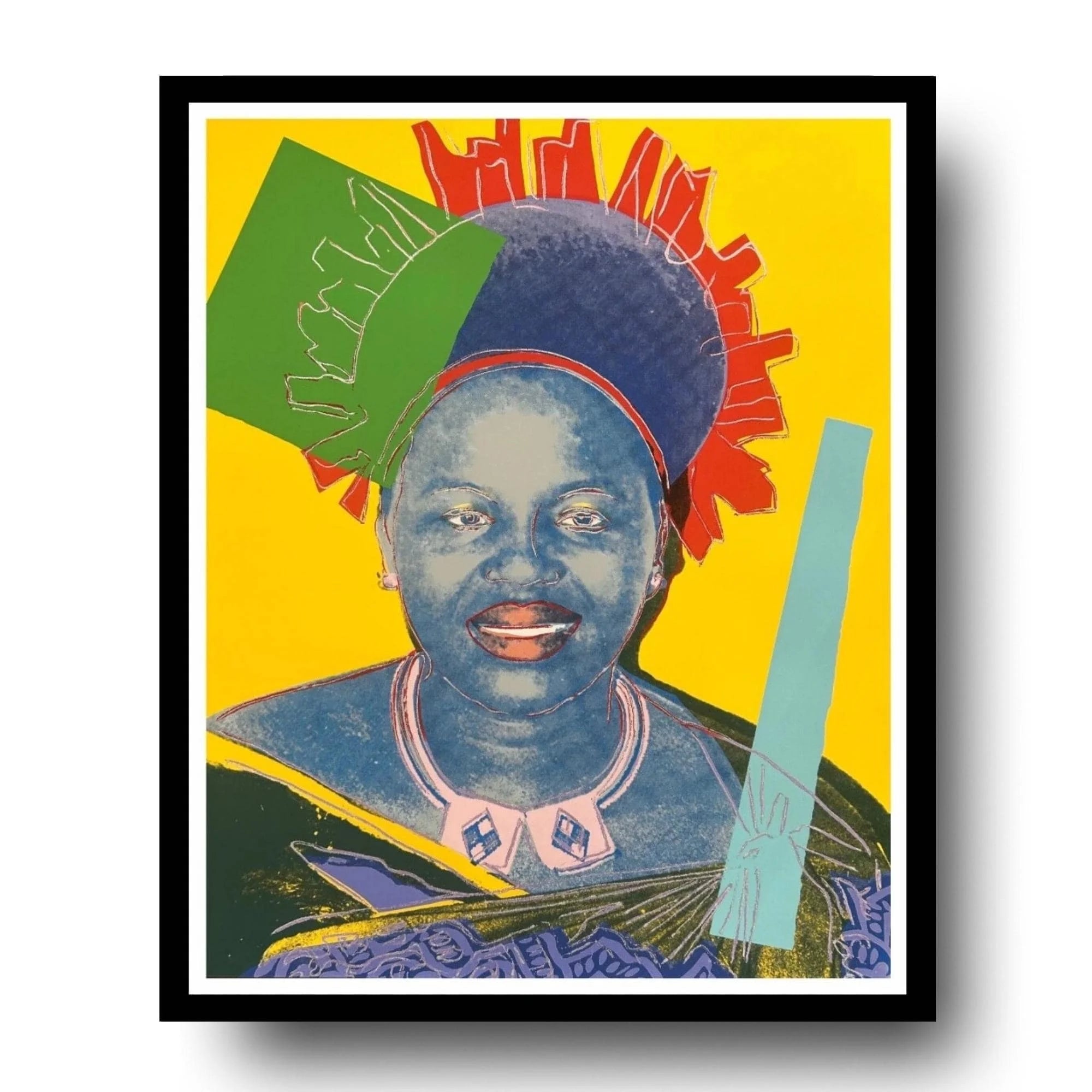 Colorful artwork of a person with a headdress on a yellow background